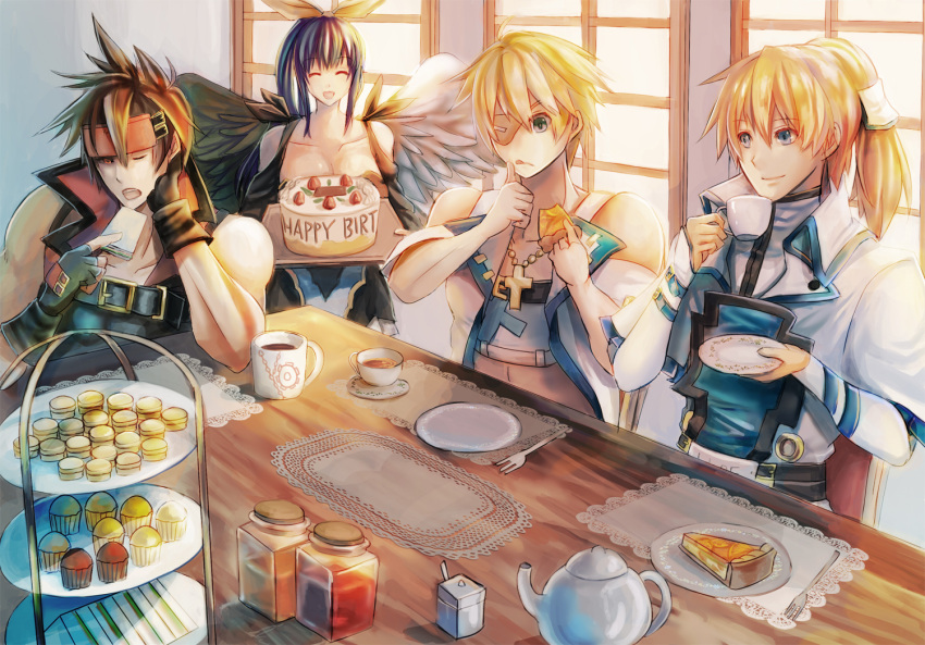 bare_shoulders birthday birthday_cake blue_eyes bow brown_hair cake collarbone cross cross_necklace cup dizzy eyepatch family father_and_son food guilty_gear guilty_gear_xrd hair_bow headband husband_and_wife jewelry ky_kiske long_hair mother_and_son necklace ponytail shinrin_kusaba sin_kiske sol_badguy tea teacup wings