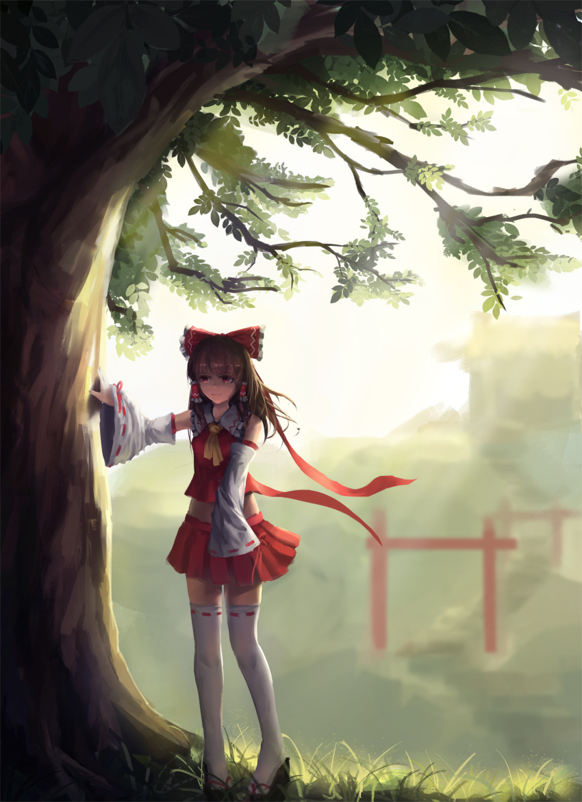 1girl ascot bow brown_hair detached_sleeves full_body grass hair_bow hair_tubes hakurei_reimu hakurei_shrine highres hill light_rays long_sleeves looking_to_the_side miniskirt newnand red_eyes red_skirt ribbon-trimmed_legwear ribbon-trimmed_sleeves ribbon_trim shade shoes skirt sleeveless smile solo stairway standing sunbeam sunlight thigh-highs torii touhou tree white_legwear wide_sleeves wind