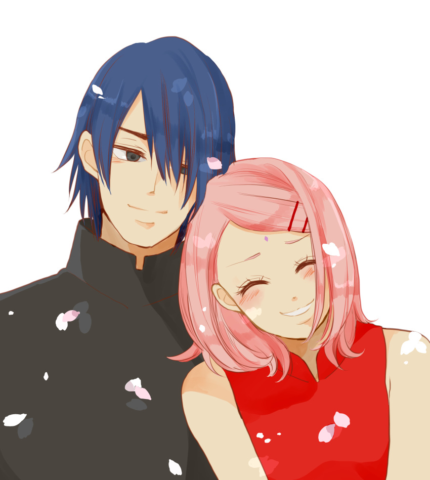 1boy 1girl absurdres arch_lapin black_eyes blue_hair cherry_blossoms closed_eyes couple haruno_sakura hetero highres long_hair naruto petals pink_hair short_hair smile uchiha_sasuke