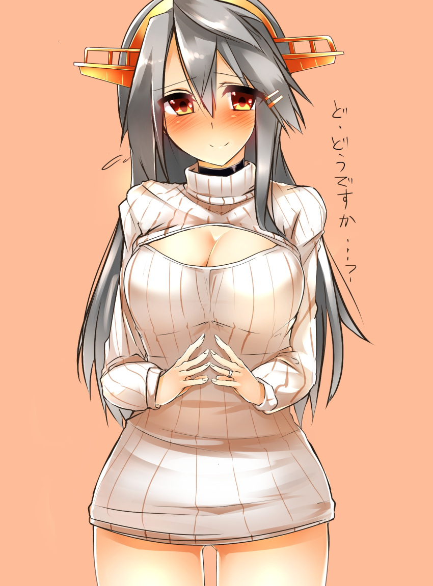 1girl alternate_costume black_hair blush breasts cleavage cleavage_cutout cowboy_shot hair_ornament hairclip haruna_(kantai_collection) headgear highres jewelry kantai_collection large_breasts long_hair looking_at_viewer open-chest_sweater orange_background ribbed_sweater ring sketch smile solo sweater translated tsukui_kachou turtleneck turtleneck_sweater wedding_band