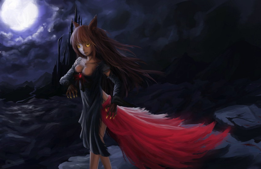 1girl animal_ears backlighting bare_legs blood breasts brooch brown_hair castle claws clouds cloudy_sky collarbone dress fangs full_moon glowing glowing_eyes highres imaizumi_kagerou jewelry long_hair looking_at_viewer moon moonlight mountain newnand night night_sky river sketch sky solo torn_clothes torn_dress touhou transformation valley wind wolf_ears yellow_eyes