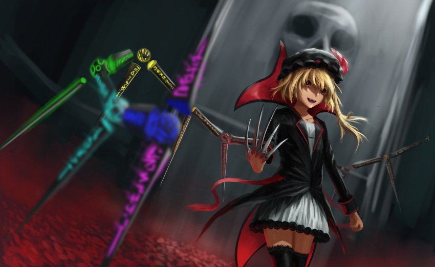 1girl absurdres alternate_costume backlighting black_jacket black_legwear blonde_hair blurry bow claws clenched_hand collarbone depth_of_field dress fangs flandre_scarlet foreshortening hat hat_bow highres jacket lace lace-trimmed_thighhighs light_rays mob_cap newnand open_mouth pool_of_blood red_eyes short_dress side_ponytail skull smile solo thigh-highs touhou vampire white_dress wings