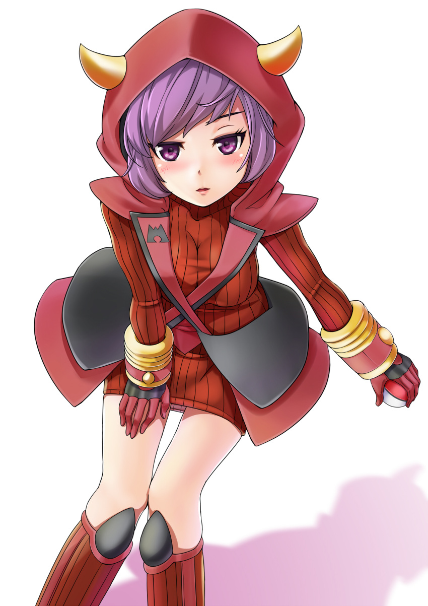 1girl blush boots fake_horns gloves highres holding holding_poke_ball hood horned_headwear kagari_(pokemon) kagari_(pokemon)_(remake) looking_at_viewer looking_up miu_(angelo_whitechoc) parted_lips poke_ball pokemon pokemon_(game) pokemon_oras purple_hair ribbed_sweater short_hair solo sweater team_magma uniform violet_eyes white_background