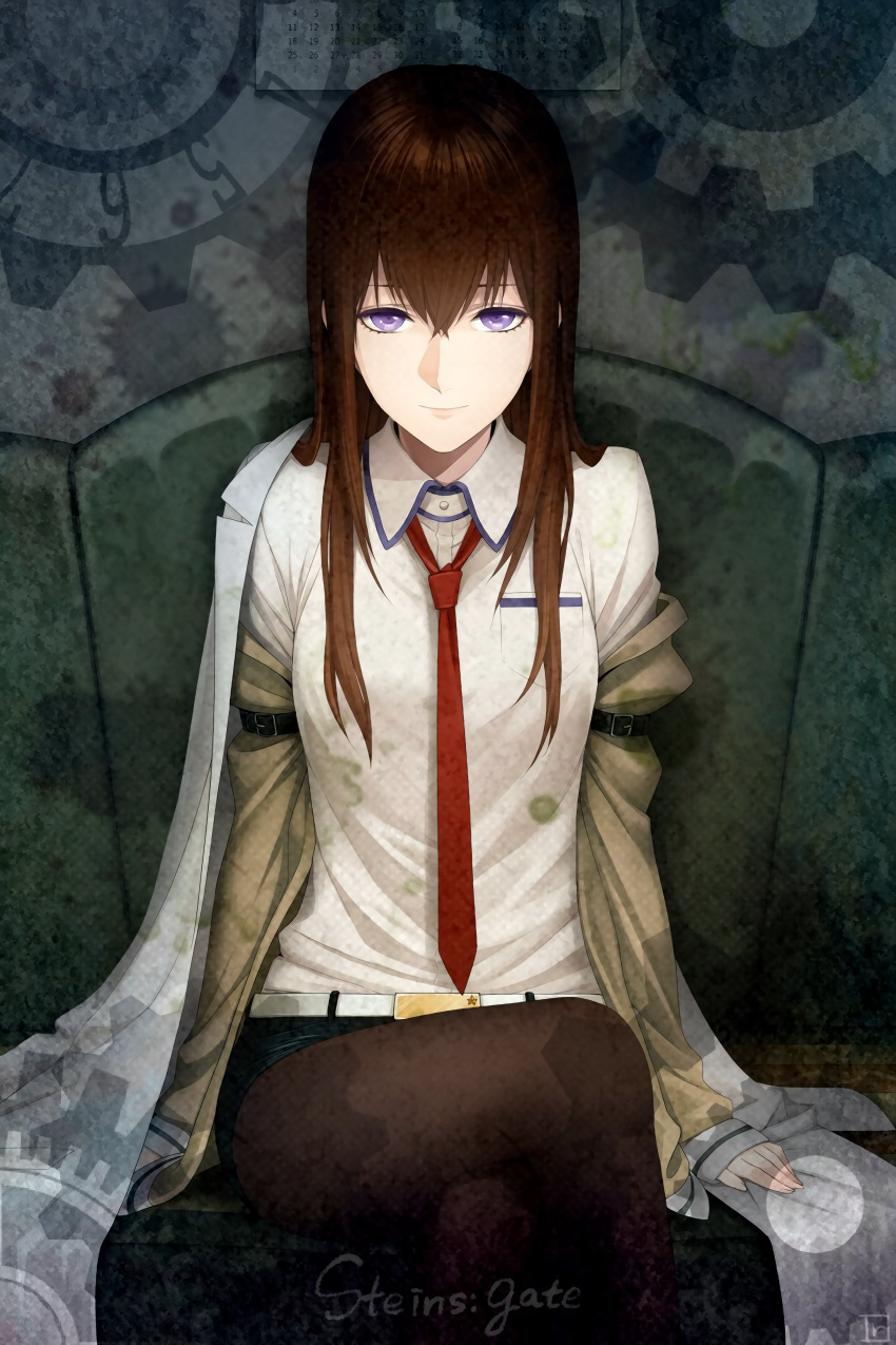 1girl absurdres belt brown_hair chimachi crossed_legs highres jacket legwear_under_shorts light_smile long_hair looking_at_viewer makise_kurisu necktie pantyhose shorts sitting smile solo steins;gate violet_eyes