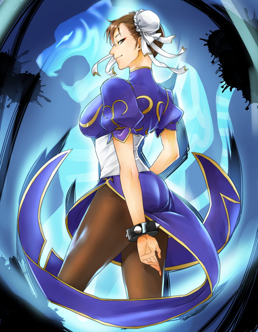 1girl absurdres ass bracelet breasts brown_eyes brown_hair bun_cover china_dress chinese_clothes chun-li cowboy_shot cropped_legs double_bun earrings eyeliner ganagoa highres jewelry looking_back makeup pantyhose puffy_sleeves sash short_hair smile solo spiked_bracelet spikes street_fighter