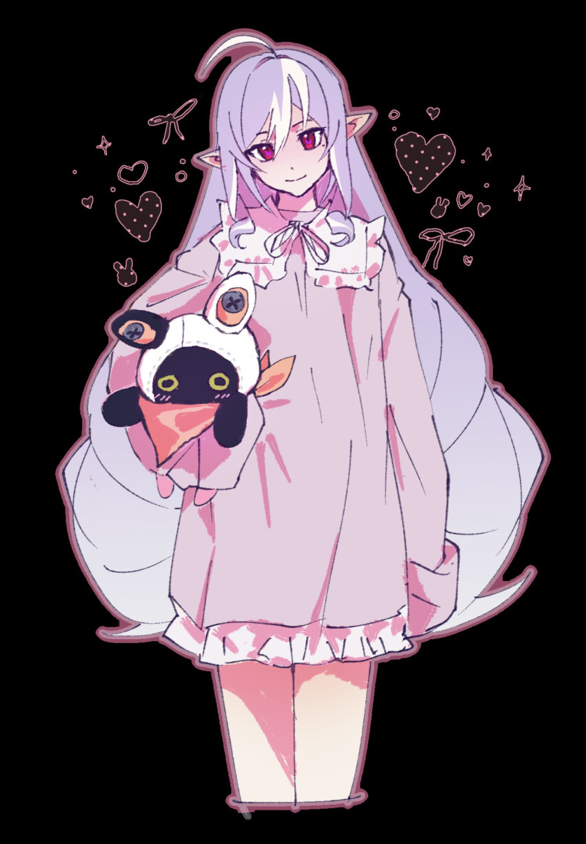 1girl ahoge black_background commentary dress eous_(zenless_zone_zero) highres long_hair looking_at_viewer mole mole_under_eye multicolored_hair nightgown pointy_ears purple_dress purple_hair red_eyes smyecc solo streaked_hair untranslatable_commentary very_long_hair vivian_banshee yandere zenless_zone_zero