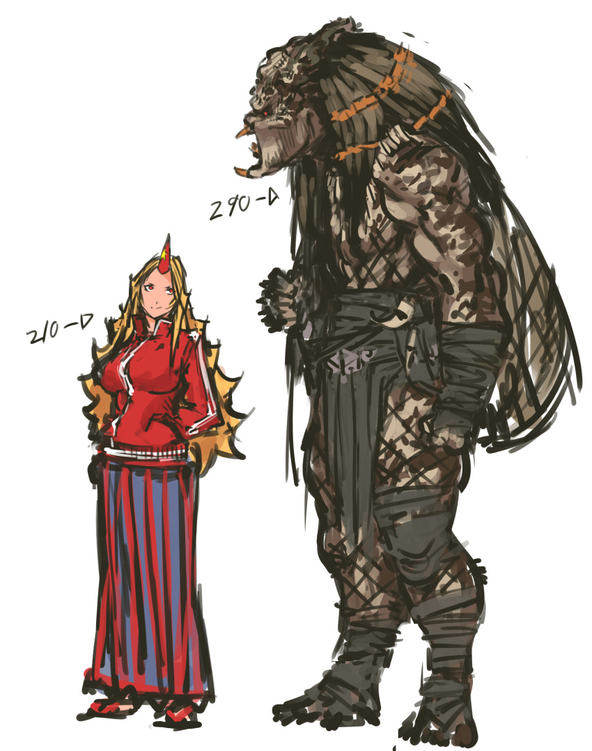 1boy 1girl alien blonde_hair breasts crossover full_body hands_in_pockets height_difference highres horn hoshiguma_yuugi large_breasts long_hair long_skirt nameo_(judgemasterkou) predator predator_(movie) red_eyes skirt touhou track_jacket