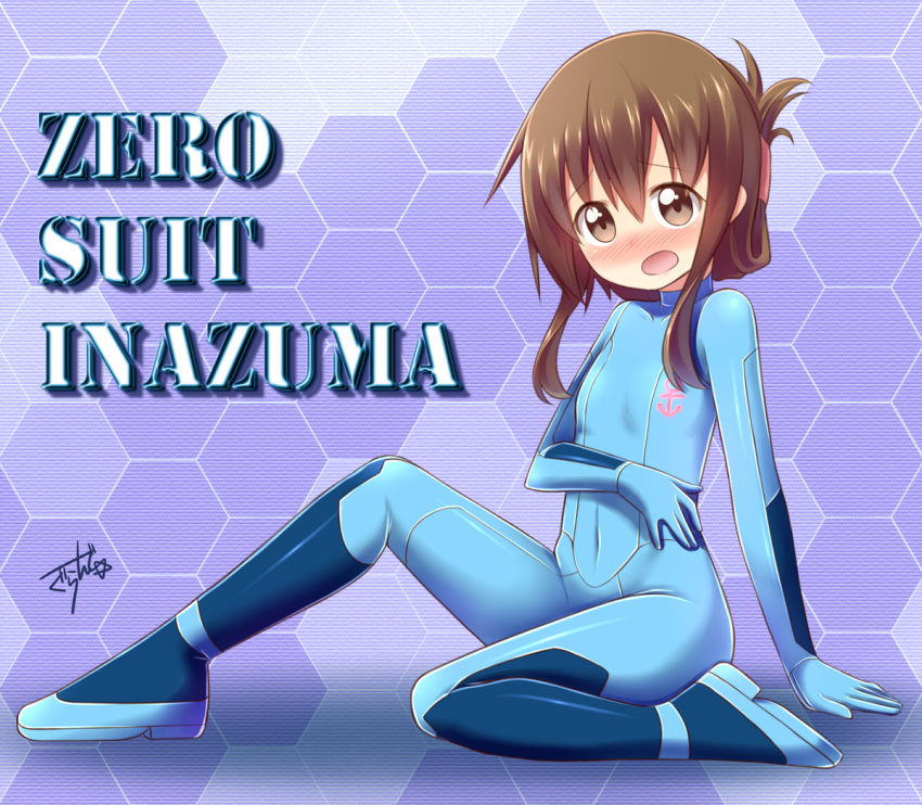 1girl adapted_costume anchor_symbol bodysuit brown_eyes brown_hair cosplay female folded_ponytail gggrande inazuma_(kantai_collection) kantai_collection long_hair metroid samus_aran samus_aran_(cosplay) solo zero_suit