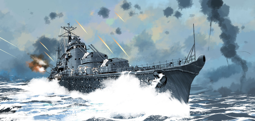 akizuki_(destroyer) antiaircraft_weapon battle commentary destroyer highres matsuda_juukou military ocean original realistic ship smoke turret water world_war_ii