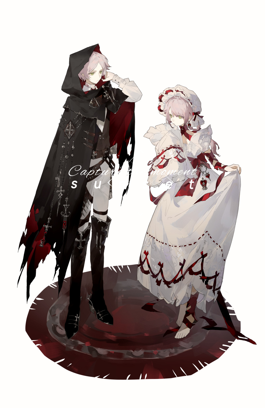 1boy 1girl absurdres barefoot belt boots brown_belt brown_boots brown_cloak brown_vest cloak closed_mouth clothes_grab dress dress_grab earrings expressionless full_body green_eyes headdress highres holding holding_pillow hood hood_up jewelry long_sleeves looking_at_another original pants pillow pink_hair red_ribbon ribbon shen_a_fang short_hair siblings single_sleeve_past_fingers torn_cloak torn_clothes two-sided_cloak two-sided_fabric vest white_background white_pants