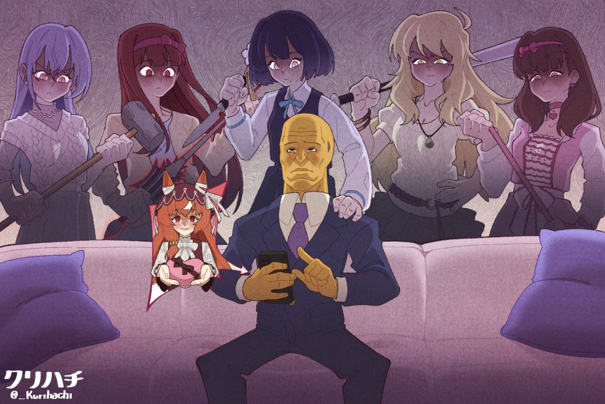 1boy 5girls ahoge artist_name baseball_bat blonde_hair box brown_hair cellphone character_request closed_mouth commentary_request couch gakuen_idolmaster gift gift_box green_eyes hairband hammer hand_on_another's_shoulder hataya_misuzu hatsuboshi_gakuen_school_uniform heart-shaped_box highres holding holding_baseball_bat holding_gift holding_hammer holding_knife holding_phone holding_weapon horse_girl hoshii_miki idolmaster idolmaster_(classic) idolmaster_cinderella_girls idolmaster_million_live! idolmaster_shiny_colors jacket jealous knife kurihachi lapels long_hair long_sleeves looking_at_another medium_hair mole mole_under_mouth multiple_girls necktie notched_lapels on_couch p-head_producer pants phone pillow pink_hairband producer_(idolmaster) purple_hair purple_necktie red_eyes red_hair sakuma_mayu school_uniform shaded_face short_hair sitting sledgehammer smartphone standing suit suit_jacket suzuki_hana tanaka_kotoha twitter_username umamusume valentine violet_eyes weapon yandere