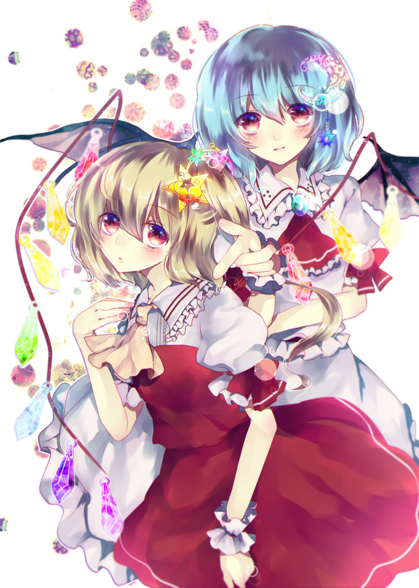 2girls ascot bat_wings blonde_hair blue_hair brooch crescent_hair_ornament dress flandre_scarlet ginzuki_ringo hair_ornament highres jewelry looking_at_viewer multiple_girls pink_eyes puffy_short_sleeves puffy_sleeves red_dress remilia_scarlet shirt short_sleeves siblings side_ponytail sisters star_hair_ornament touhou white_dress wings wrist_cuffs