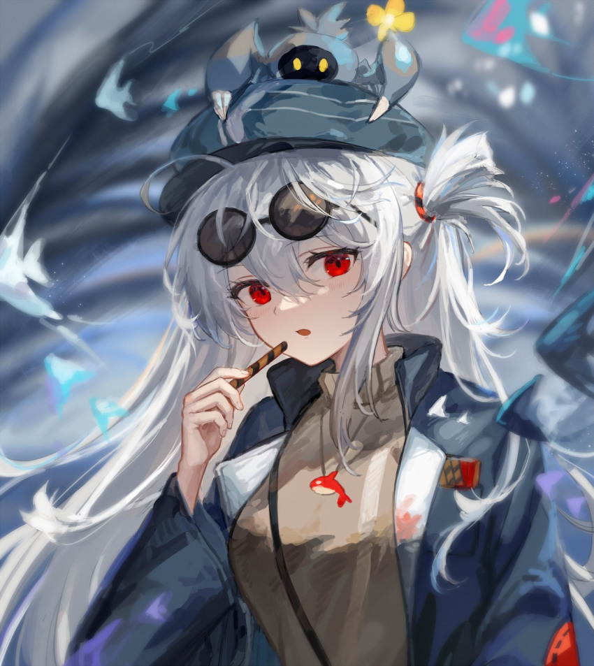 1girl arknights blue_headwear blue_jacket brown_shirt crab_on_head eyewear_on_head fish hat highres holding jacket jewelry long_hair looking_at_viewer metal_crab_(arknights) necklace open_clothes open_jacket orca red_eyes shirt short_ponytail side_ponytail skadi_(arknights) spacelongcat sunglasses upper_body white_hair