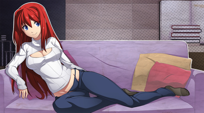 1girl aozaki_aoko bikini_jeans blue_eyes breasts cleavage cleavage_cutout colored hair_intakes highres long_hair lowleg lowleg_pants lying melty_blood mound_of_venus open-chest_sweater pants pantyhose redhead ribbed_sweater smile solo spikewible sweater toes tsukihime turtleneck