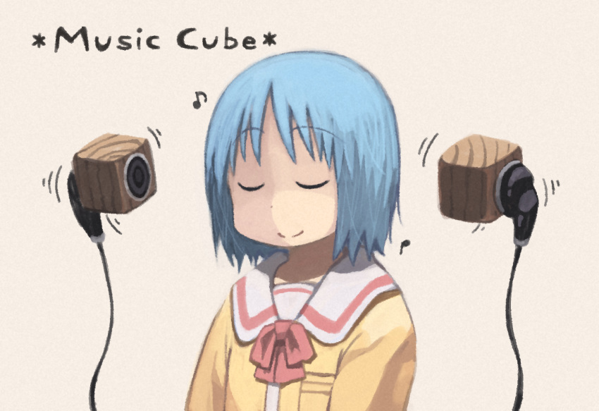 1girl blue_hair closed_eyes english hair_down headphones musical_note naganohara_mio nichijou nishimura_(prism_engine) school_uniform short_hair smile solo