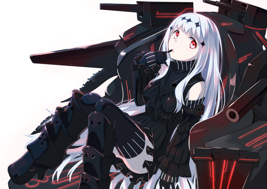 1girl :o aircraft_carrier_water_oni armored_boots black_boots boots breasts detached_sleeves finger_to_mouth gochou_(atemonai_heya) hair_ornament high_heel_boots high_heels kantai_collection knee_boots large_breasts long_hair machinery red_eyes ribbed_sweater shinkaisei-kan simple_background sleeveless sleeveless_turtleneck solo sweater thigh-highs turtleneck very_long_hair white_background white_hair white_skin