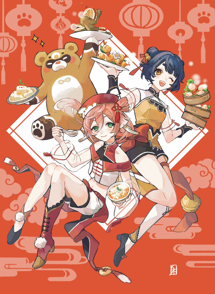 2girls alternate_costume antlers bamboo_steamer bare_shoulders bell black_shorts blue_hair bowl breasts chinese_clothes clouds crop_top dark_blue_hair double_bun egasumi food foot_up genshin_impact green_eyes guoba_(genshin_impact) hair_bell hair_between_eyes hair_bun hair_ornament hands_up highres holding holding_bowl holding_plate knees_up lantern looking_at_viewer midriff multiple_girls navel one_eye_closed open_mouth orange_background pink_hair plate red_headwear red_panda see-through see-through_sleeves shiraishi_(siraisi00) shirt short_hair shorts shrimp shrimp_tempura small_breasts smile tempura tofu white_shirt white_shorts white_sleeves xiangling_(genshin_impact) yanfei_(genshin_impact) yellow_eyes yellow_shirt