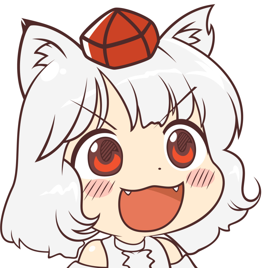 1girl animal_ears blush gyate_gyate hat highres inubashiri_momiji open_mouth red_eyes short_hair silver_hair smile solo tokin_hat touhou white_hair wolf_ears