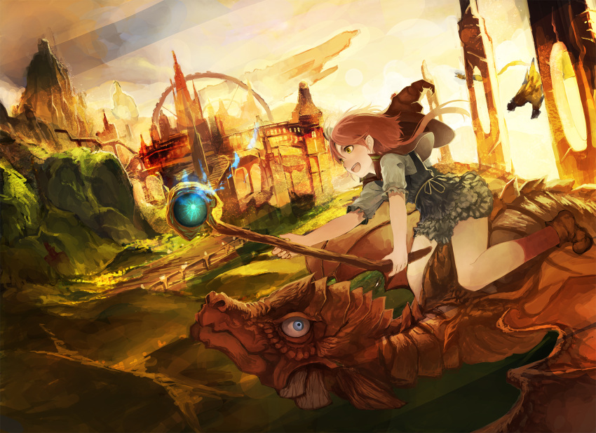 1girl building dragon fantasy flying hat highres light_particles magic mountain open_mouth original ponytail redhead riding rikkido short_hair smile solo staff witch_hat wizard yellow_eyes