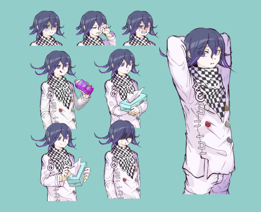 1boy :d aqua_background arm_belt arms_behind_back arms_behind_head belt black_scarf blush bottle box buttons chain checkered_clothes checkered_scarf clenched_teeth closed_mouth commentary_request crying crying_with_eyes_open danganronpa_(series) danganronpa_v3:_killing_harmony delidelidelic dot_nose double-breasted eyes_visible_through_hair faceless faceless_male food frown fruit grapes hair_between_eyes happy highres holding holding_bottle holding_box jacket long_hair_between_eyes long_sleeves looking_at_viewer male_focus monokuma multicolored_buttons multiple_belts multiple_expressions oma_kokichi one_eye_covered pants pout purple_hair sad scarf shaded_face short_hair simple_background smile smug soda soda_bottle streaming_tears teardrop tears teeth thigh_belt thigh_strap tissue tissue_box tongue tongue_out torn_clothes torn_jacket two-tone_scarf variations violet_eyes white_belt white_jacket white_pants white_scarf wiping_tears