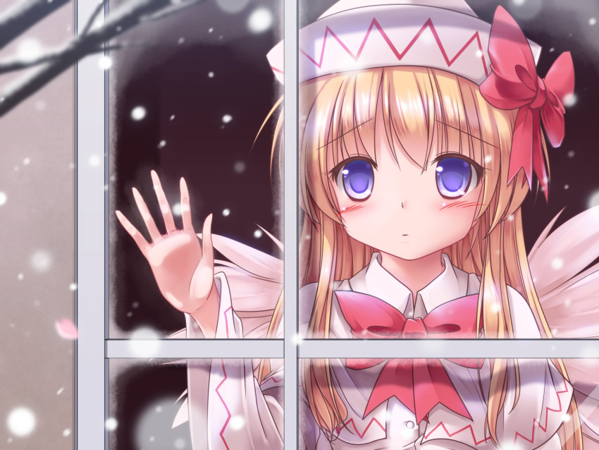 1girl against_window blonde_hair blue_eyes bow capelet commentary_request dress fairy_wings hat hat_bow highres lily_white long_hair long_sleeves lzh snowing solo touhou white_dress wide_sleeves window wings winter