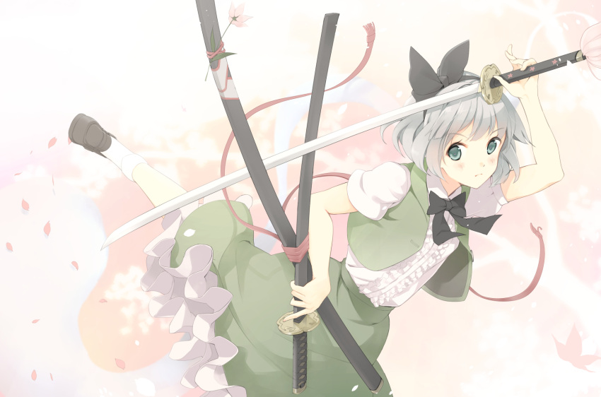 1girl grey_eyes hair_ribbon highres katana konpaku_youmu konpaku_youmu_(ghost) looking_at_viewer open_clothes open_vest petals puffy_short_sleeves puffy_sleeves ribbon shirt short_sleeves silver_hair skirt skirt_set solo sword touhou vest weapon yoshino_ryou