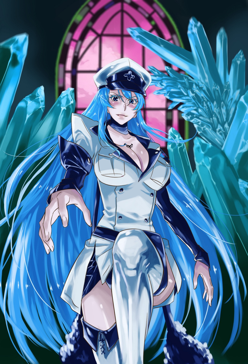 1girl akame_ga_kill! blue_eyes blue_hair boots breasts cleavage esdeath hat highres ice janiiy large_breasts long_hair military military_uniform peaked_cap smile solo thigh-highs thigh_boots uniform very_long_hair white_legwear