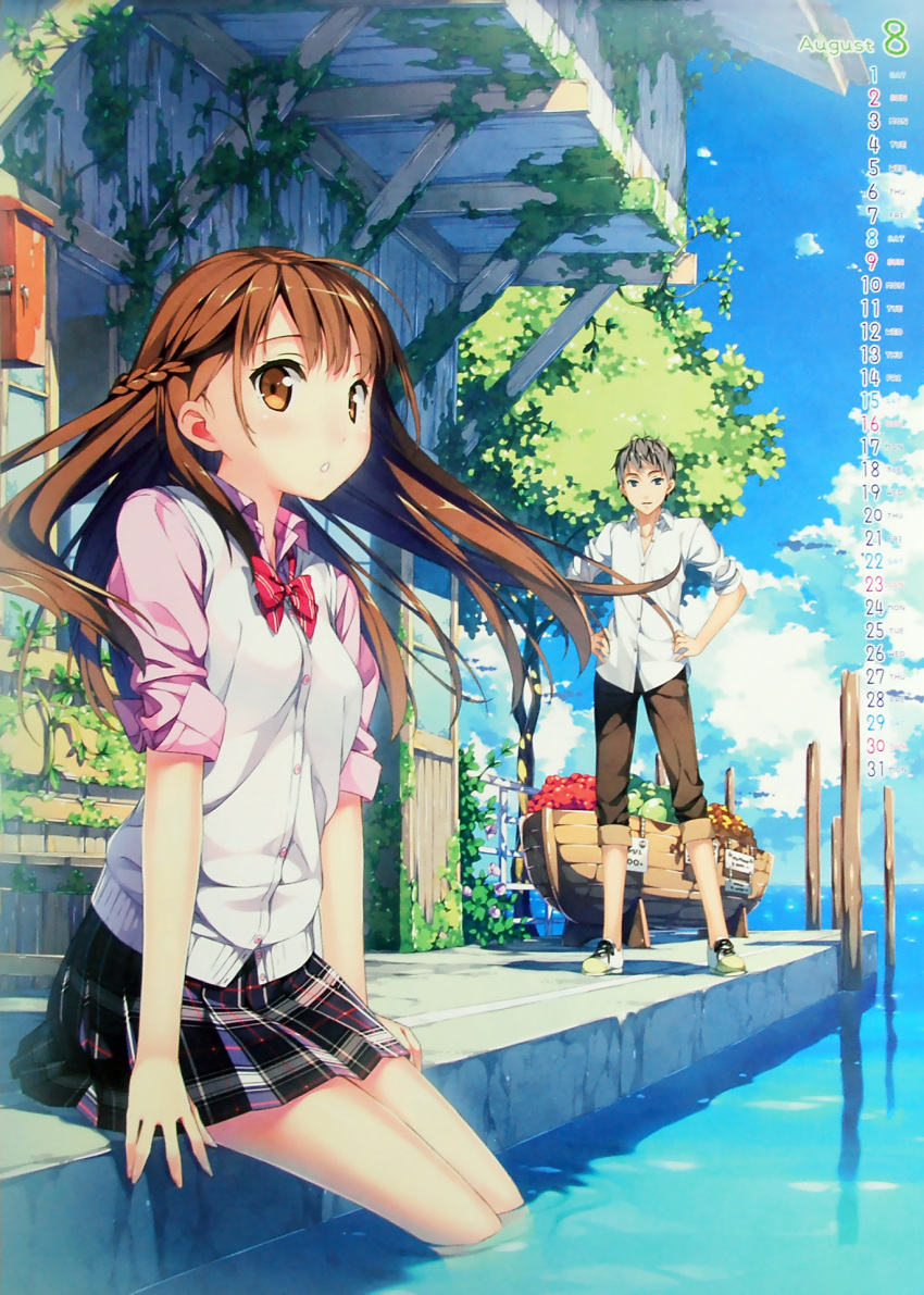 1boy 1girl august awning bangs blue_eyes bowtie brown_eyes brown_hair building calendar character_request clouds copyright_request dock feet_in_water grey_hair half_updo hands_on_hips highres kantoku long_hair looking_at_viewer outdoors overgrown pants pants_rolled_up pink_shirt plaid plaid_skirt school_uniform shirt shoes sitting skirt sky sleeves_folded_up sleeves_pushed_up sneakers soaking_feet standing sweater_vest tagme tree vegetable vines water white_shirt wing_collar