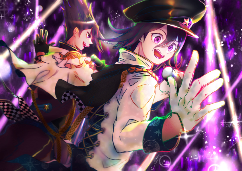 2boys adapted_costume audience black_cape black_gloves black_hat black_shirt cape checkered_cape checkered_clothes collared_jacket commentary_request cowboy_shot criss-cross_back-straps cross-laced_jacket danganronpa_(series) danganronpa_v3:_killing_harmony delidelidelic epaulettes fang gloves glowstick hair_between_eyes happy hat high_collar holding holding_microphone idol jacket light_particles long_hair_between_eyes long_sleeves male_focus microphone momota_kaito multiple_boys music oma_kokichi open_mouth pants peaked_cap penlight_(glowstick) purple_hair purple_jacket purple_pants shirt short_hair singing sleeve_cuffs smile spiky_hair stage_lights standing teeth two-sided_cape two-sided_fabric violet_eyes waving white_gloves white_jacket