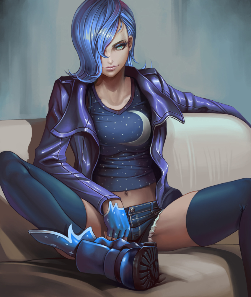 1girl aqua_eyes blue_gloves blue_hair blue_legwear boots breasts couch dantewontdie denim denim_shorts gloves hair_over_one_eye highres jacket lips long_hair looking_at_viewer luna_(my_little_pony) midriff my_little_pony my_little_pony_friendship_is_magic navel personification shorts sitting solo spread_legs tank_top thigh-highs