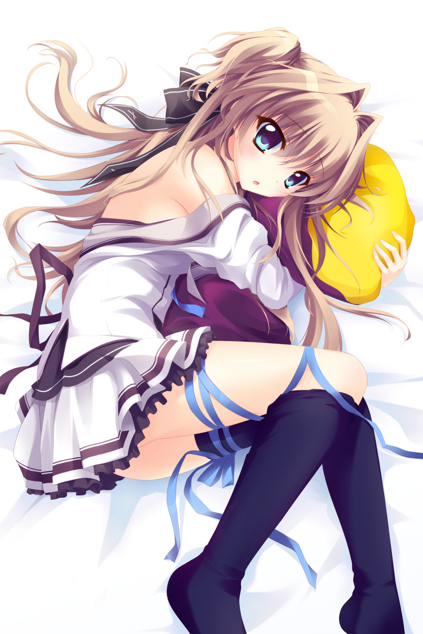 1girl :o black_legwear blonde_hair blue_eyes blush hair_intakes highres hisagiyuu long_hair looking_at_viewer loose_thighhigh lying mashiroiro_symphony on_side partially_undressed pillow pillow_hug ribbon school_uniform sena_airi solo thigh-highs two_side_up