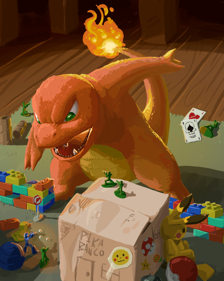 army_men blue_eyes box cameo card character_doll charmander fangs fire highres kajinman lego lego_brick pikachu playing_card poke_ball pokemon pokemon_(game) rockman rockman_(character) rockman_(classic) solo tail toy