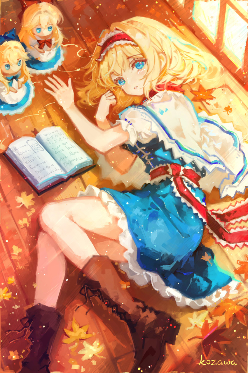 1girl absurdres alice_margatroid artist_name autumn_leaves blonde_hair blue_dress blue_eyes book boots brown_boots capelet commentary_request doll dress frilled_hairband frilled_sash frills hairband highres knee_boots kozawa_kazahana lace-up_boots leaf lolita_hairband looking_at_viewer lying medium_hair on_side open_book puffy_short_sleeves puffy_sleeves red_hairband red_sash sash shanghai_doll short_sleeves solo touhou white_capelet
