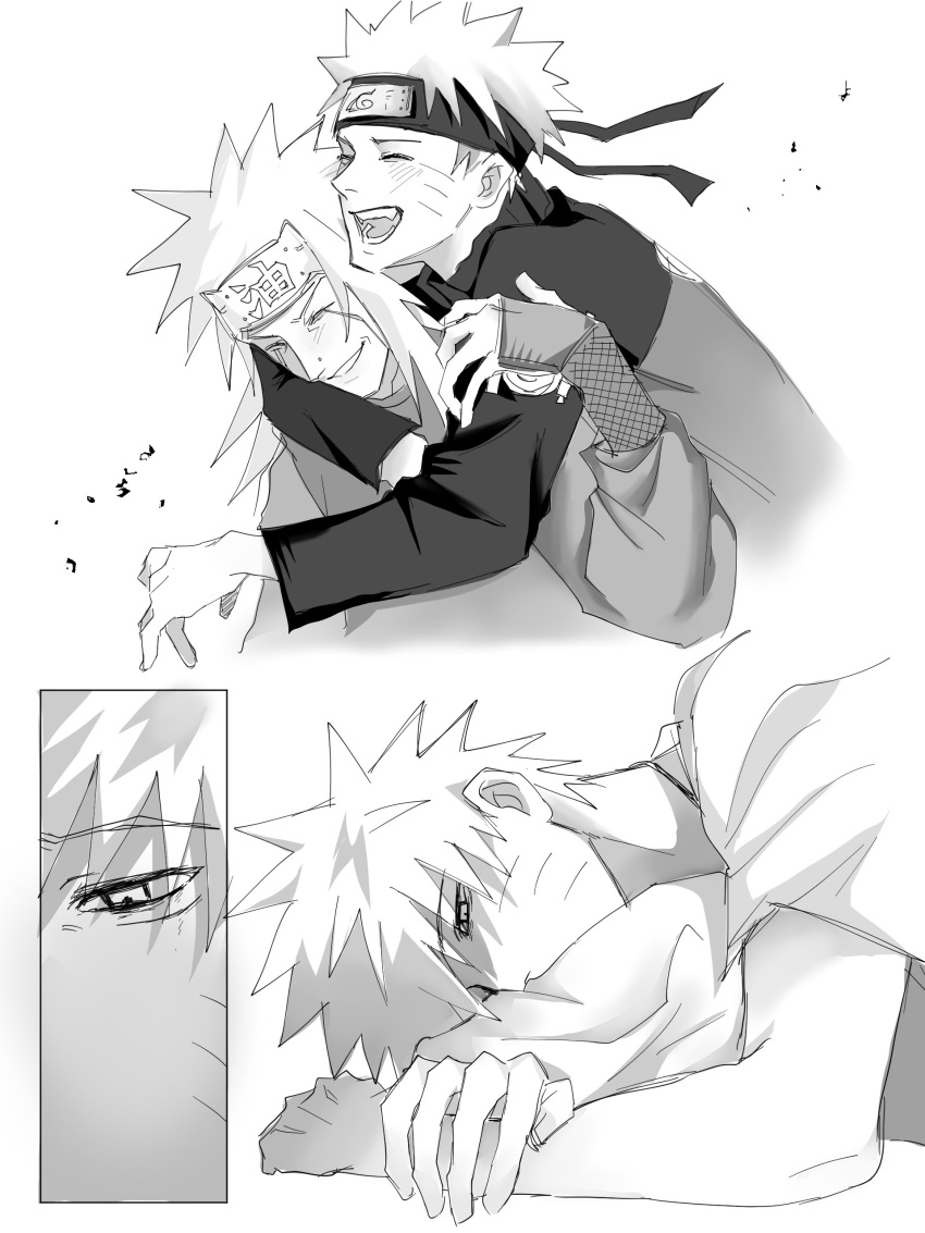 2boys absurdres carrying carrying_person commentary_request happy highres jiraiya_(naruto) male_focus multiple_boys naruto_(series) naruto_shippuuden piggyback remembering sad smile spiky_hair teacher_and_student uzumaki_naruto xiel_z2