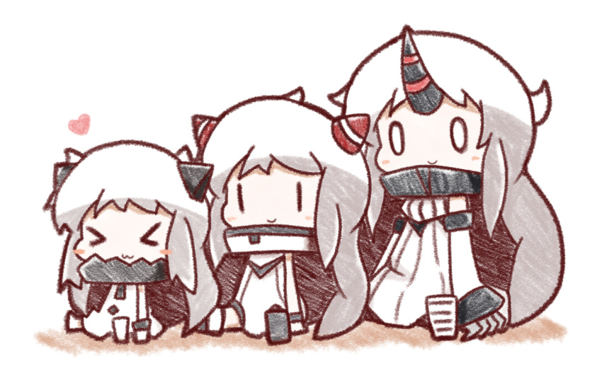 &gt;_&lt; 0_0 3girls :3 airfield_hime blush_stickers c: chibi claws dress horn horns kantai_collection multiple_girls northern_ocean_hime nuu_(nu-nyu) seaport_hime shinkaisei-kan smile white_dress white_hair |_|