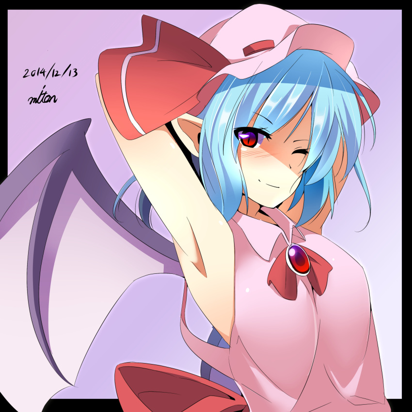 1girl absurdres adapted_costume armpits arms_behind_head bat_wings brooch dated dress eyes_visible_through_hair highres jewelry lavender_hair looking_at_viewer miton15 mob_cap pink_dress pointy_ears red_eyes remilia_scarlet short_hair sleeveless sleeveless_dress slit_pupils smile solo stretch touhou wings