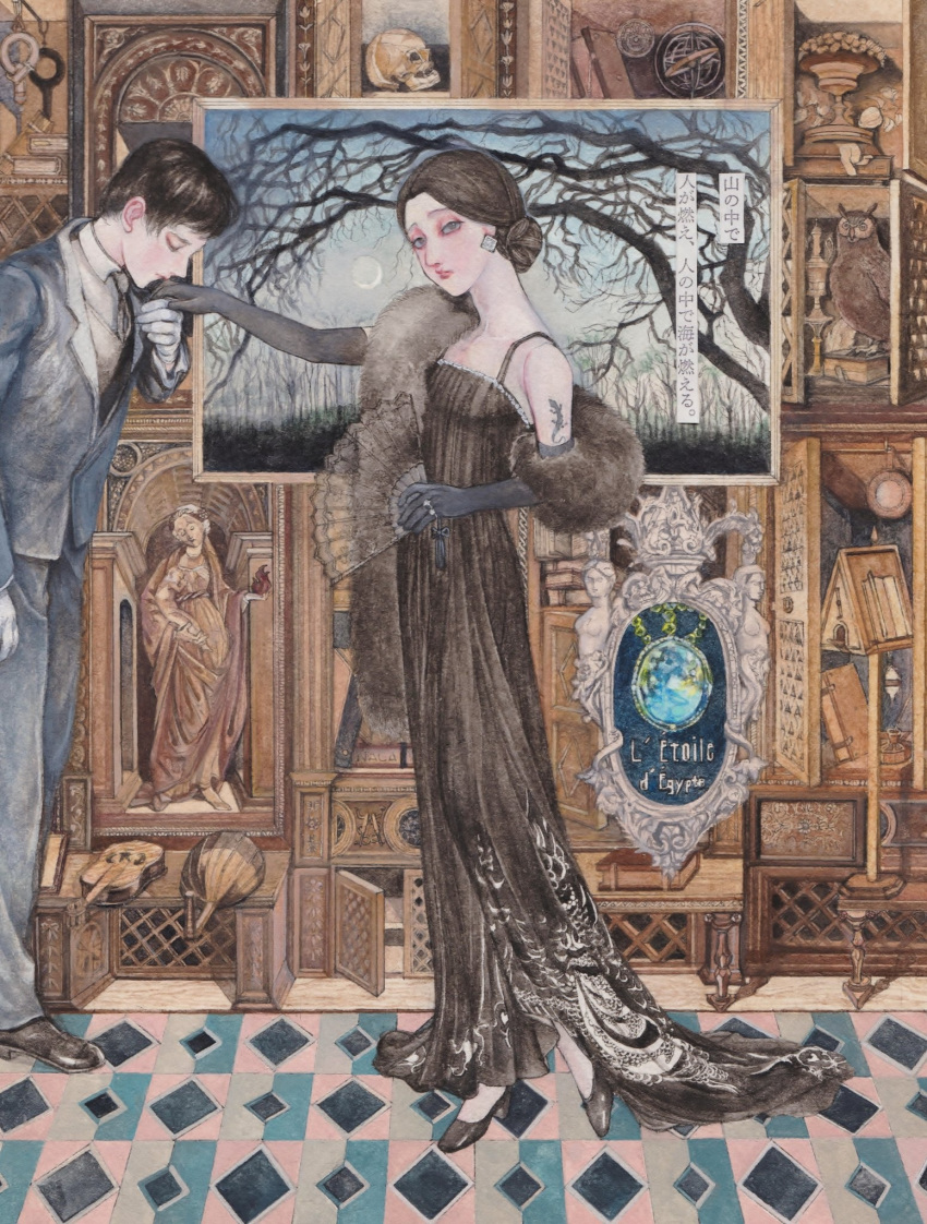 1boy 1other arm_tattoo babyloncafe bare_tree bird black_dress black_hair blazer cabinet character_request closed_eyes collared_shirt commentary_request dress earrings elbow_gloves folding_fan french_text from_side full_body fur_shawl gender_request gloves grey_eyes hair_bun hand_fan hand_grab hand_up high_heels highres jacket jewelry kiss kissing_hand kurotokage_(novel) lace lattice light_frown lips lizard long_dress looking_at_viewer male_focus mishima_yukio necktie owl painting_(object) pants parted_bangs profile ring shawl shirt short_hair skeleton skull sleeveless sleeveless_dress statue suit tattoo tile_floor tiles translation_request tree very_low_bun vest