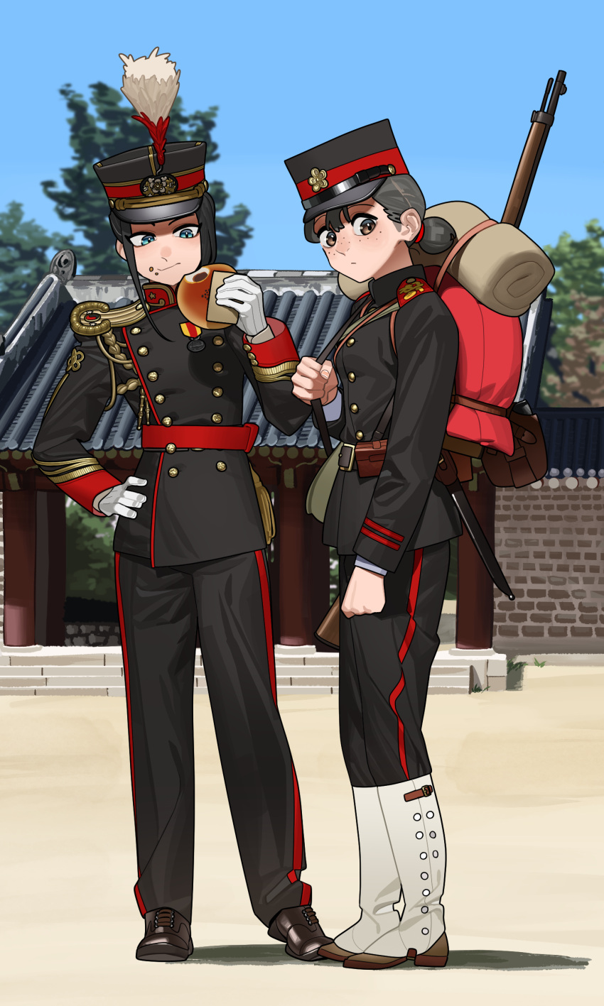 2girls absurdres aiguillette ammunition_pouch anpan backpack bag bayonet bedroll belt black_hair black_hat black_jacket black_pants blue_eyes blue_sky boots bread brown_eyes brown_shoes buttons commentary_request day double-breasted eating english_commentary epaulettes food food_on_face freckles full_body gaiters gloves gold_trim grey_hair gun gun_sling hat highres holding holding_food holding_weapon imperial_korean_army jacket kepi knife_sheath korea korean_commentary korean_empire load_bearing_equipment long_sleeves looking_at_food looking_at_viewer looking_to_the_side medal military military_dress_uniform military_hat military_jacket military_rank_insignia military_uniform mixed-language_commentary multiple_girls original outdoors pants peaked_cap plume pouch pzkpfwi red_hat red_sash red_trim sash sheath sheathed shirt shoes shoulder_boards sky soldier standing star_(symbol) tree two-tone_headwear weapon white_gloves white_shirt yin_yang