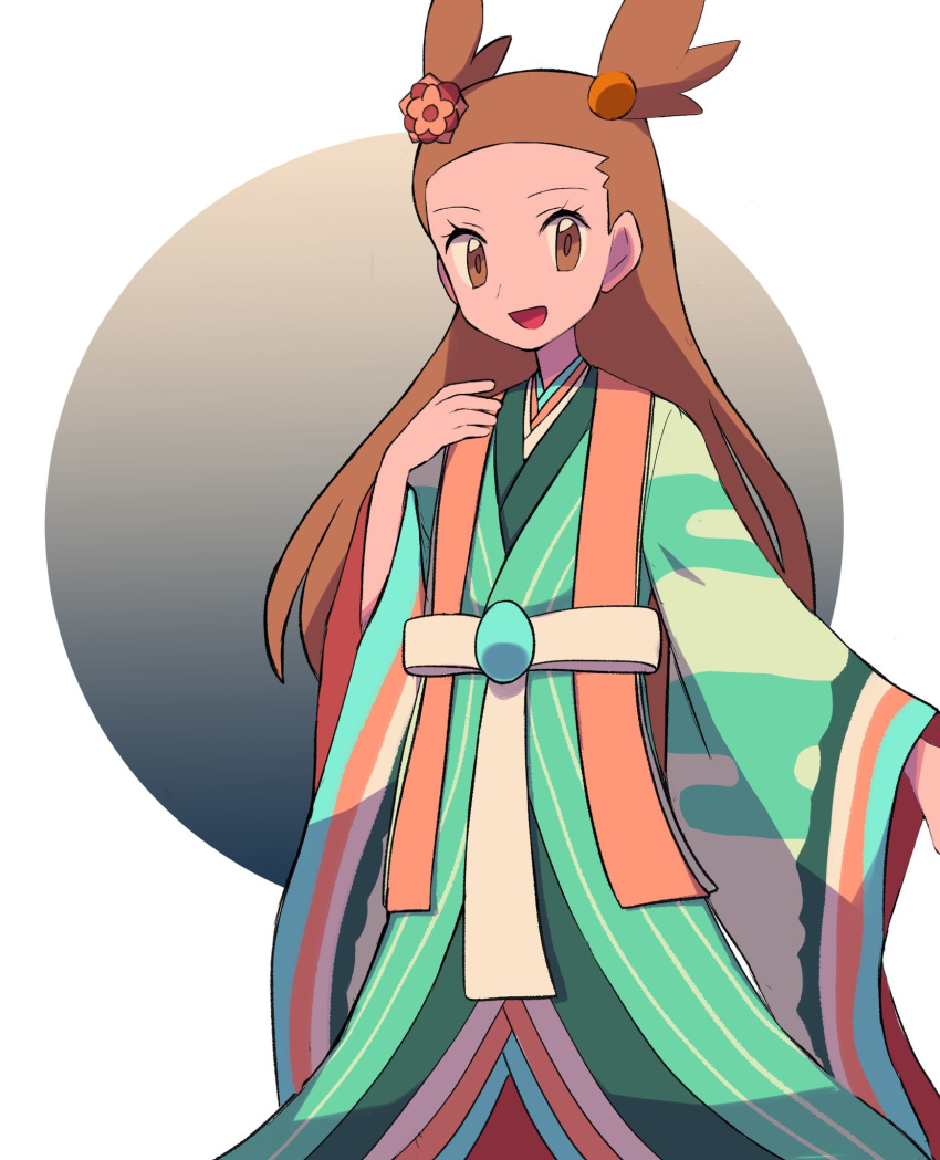 1girl :d brown_eyes brown_hair commentary_request eyelashes green_kimono hair_bobbles hair_ornament hand_up highres japanese_clothes jasmine_(pokemon) kimono long_hair long_sleeves looking_at_viewer official_alternate_costume open_mouth pokemon pokemon_(game) pokemon_masters_ex sash smile solo tongue two_side_up tyako_089 wide_sleeves