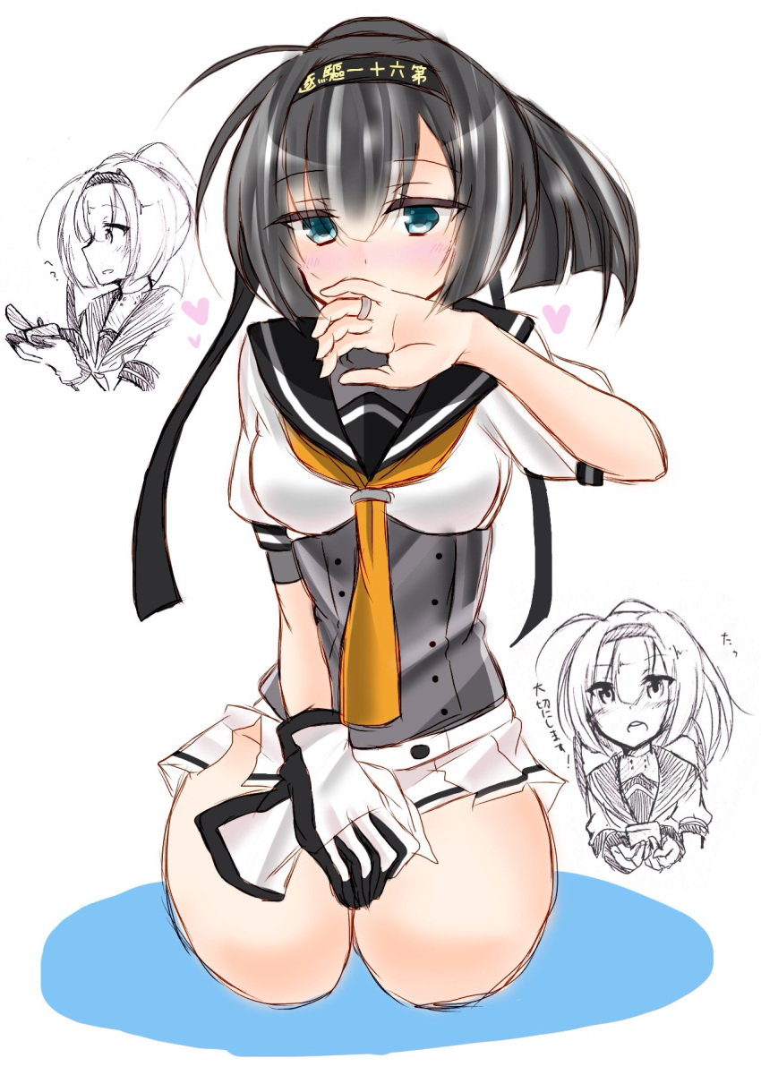 1girl akizuki_(kantai_collection) artist_request black_hair blue_eyes blush clothes_writing colored_shadow corset covering_mouth glove_removed hachimaki hand_on_lap hand_over_own_mouth headband highres jewelry kantai_collection miniskirt pleated_skirt ponytail ring ring_box sailor_collar school_uniform seiza serafuku shadow sitting skirt translation_request wedding_band white_background