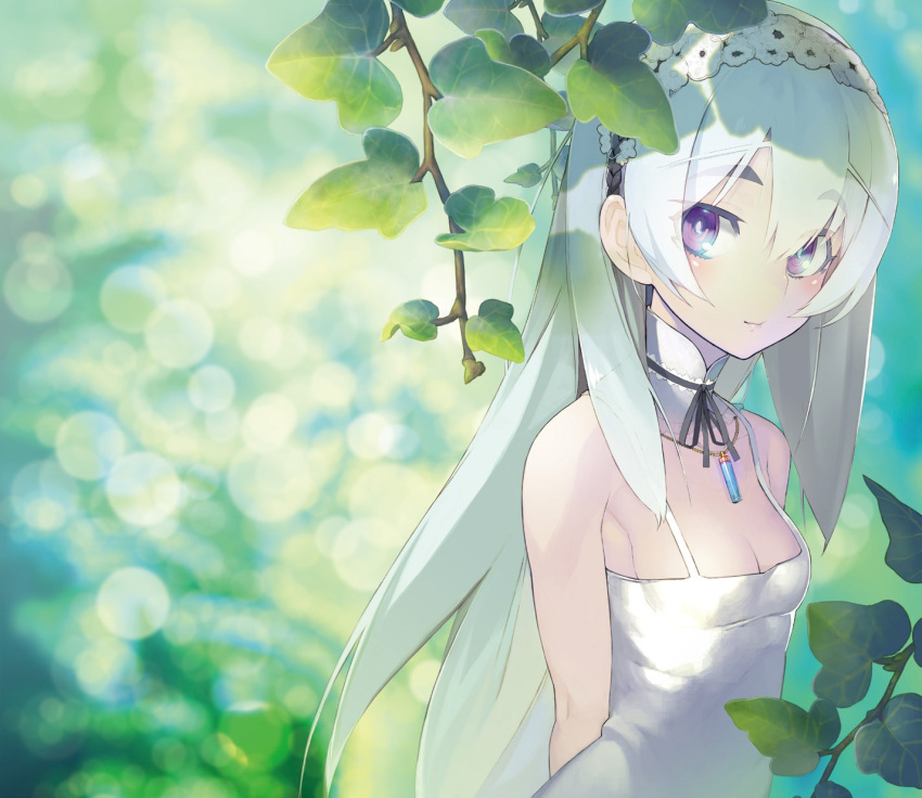 1girl arms_behind_back bangs bare_shoulders blurry blush breasts bush chaika_trabant cleavage dated depth_of_field detached_collar dress eyebrows from_side gradient hair_between_eyes hairband highres hitsugi_no_chaika jewelry lace leaf light_smile lolita_hairband long_hair looking_at_viewer namaniku_atk nature neck_ribbon necklace outdoors pendant ribbon sideboob small_breasts smile solo sundress translation_request very_long_hair violet_eyes white_dress white_hair