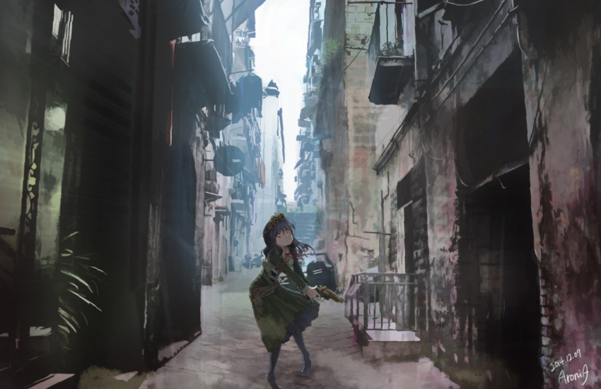 1girl alley aronia artist_name belt black_hair black_legwear blurry building city dated depth_of_field goggles goggles_on_head gun holster long_hair looking_up neck_ribbon original pantyhose plant red_eyes revolver ribbon sign signature sky solo steampunk wall weapon