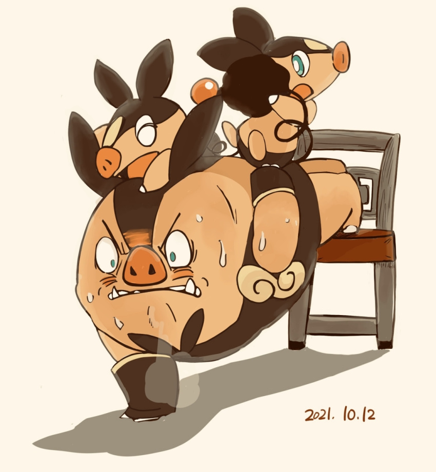 artist_request chair dual_persona highres no_humans pignite pixiv pokemon pokemon_(creature) pokemon_(game) sweat tepig