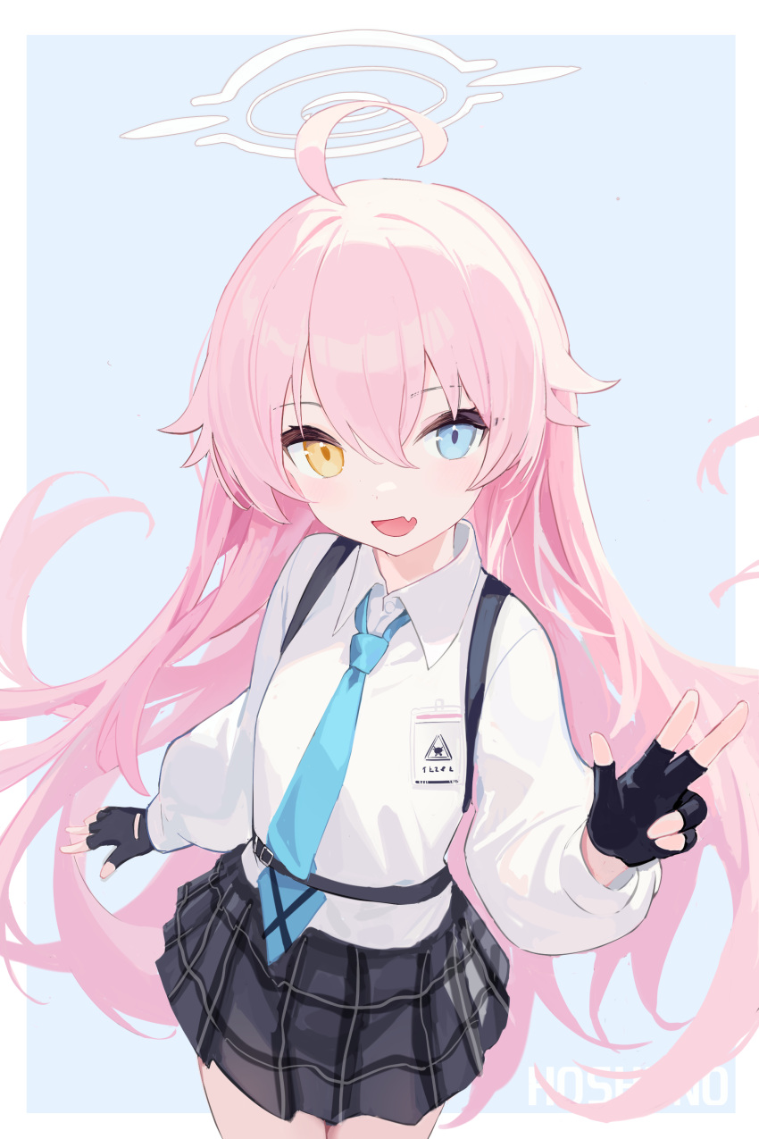 1girl :d absurdres ahoge aqua_background black_gloves black_skirt blue_archive blue_eyes blue_necktie blush border character_name chinese_commentary collared_shirt commentary_request cowboy_shot fang fingerless_gloves floating_hair gloves hair_between_eyes hair_flaps halo heterochromia highres hoshino_(blue_archive) id_card long_hair long_sleeves looking_at_viewer mixed-language_commentary multi-source_commentary necktie nyarnya open_mouth outside_border pink_hair plaid_clothes plaid_skirt pleated_skirt puffy_long_sleeves puffy_sleeves shirt simple_background skin_fang skirt smile solo very_long_hair w white_border white_shirt yellow_eyes