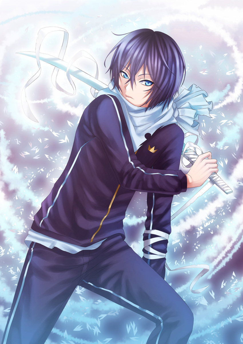 1boy absurdres blue_eyes highres katana male noragami purple_hair scarf solo sword track_suit weapon yato_(noragami) yoneyu