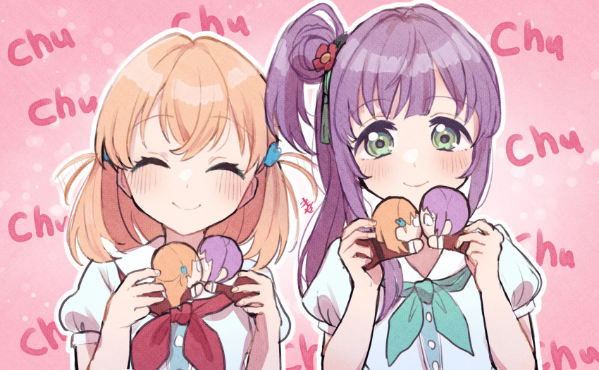 2girls ^_^ aqua_neckerchief blue_dress cerise_bouquet character_doll closed_eyes closed_mouth commentary_request doll dolls_kissing dress expressive_hair facing_viewer flower gradient_background hair_bun hair_flower hair_ornament hasu_no_sora_school_uniform highres hinoshita_kaho holding holding_doll kyaku_tasu link!_like!_love_live! looking_at_object love_live! medium_hair multiple_girls neckerchief nesoberi orange_hair otomune_kozue outline pink_background puffy_short_sleeves puffy_sleeves purple_hair rabbit_hair_ornament red_flower red_neckerchief sailor_collar sailor_dress school_uniform short_sleeves side_ponytail sidelocks single_side_bun smile summer_uniform tassel tassel_hair_ornament two_side_up virtual_youtuber white_outline white_sailor_collar yuri