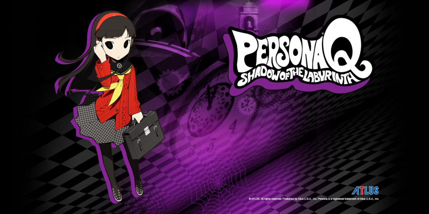 1girl adjusting_hair amagi_yukiko aran_sweater atlus bag bell bell_tower black_background black_eyes black_hair black_pantyhose black_sailor_collar black_shoes cable_knit cardigan checkered_background clock company_name copyright_name full_body gears gradient_background grey_background hairband highres holding holding_bag legs long_hair long_sleeves neckerchief official_art official_wallpaper oribe_hanako pantyhose persona persona_4 persona_q:_shadow_of_the_labyrinth persona_q_(series) print_skirt purple_background red_hairband red_sweater sailor_collar school_uniform second-party_source shoes silk skirt solo spider_web sweater yasogami_school_uniform yellow_neckerchief