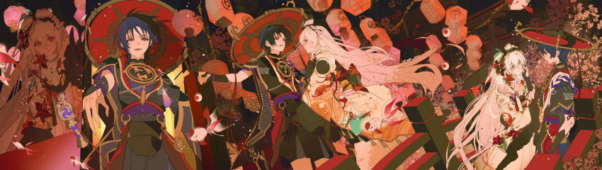 1boy 1girl arm_at_side armor artist_request black_bodysuit black_bow black_gloves black_hair black_hat black_kimono black_mask black_sash black_shorts black_sleeves blunt_ends bodysuit bow bracelet bridge choppy_bangs clenched_hand closed_mouth commission commissioner_insert couple eyeball eyelashes fish floral_print floral_print_kimono floral_print_sleeves flower furisode genshin_impact gloves gnosis_(genshin_impact) gold gold_trim hair_bow hair_flower hair_ornament hand_on_own_face hand_up hat hayami_momo_(hayamimomo) hetero highres japanese_armor japanese_clothes jewelry jingasa juban kimono kote kurokote lace-trimmed_bow lace_trim lantern layered_sleeves long_hair long_sleeves looking_at_another looking_at_viewer mandarin_collar mask_on_hat mitsudomoe_(shape) multiple_views neck_ring night o-ring obi oc_x_canon original outdoors paper_lantern parted_lips pink_eyes print_kimono purple_rope purple_sash purple_sleeves red_bow red_flower red_hat red_kimono red_sash rope sash scaramouche_(genshin_impact) second-party_source shimenawa short_sleeves shorts sidelocks tassel tomoe_(symbol) torii traditional_youkai two-tone_hat very_long_hair watermark white_hair white_kimono white_rope white_sleeves wispy_bangs