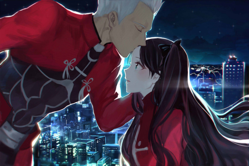 1boy 1girl archer black_hair fate/stay_night fate_(series) forehead_kiss highres kiss two_side_up white_hair yue_(pixiv4635680)