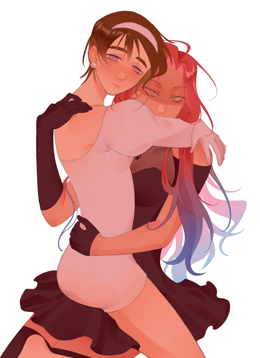 2girls absurdres alatus_l0v alien_stage asymmetrical_gloves black_dress black_gloves blue_hair commentary dress earrings english_commentary gloves hairband half_gloves highres hug jewelry juliet_sleeves long_hair long_sleeves mizi_(alien_stage) multicolored_hair multiple_girls off-shoulder_dress off_shoulder pearl_earrings puffy_sleeves short_hair single_half_glove sphere_earrings sua_(alien_stage) two-tone_hair uneven_gloves violet_eyes white_background white_gloves white_hairband yellow_eyes yuri